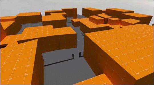Vista aérea del blockout de un mapa competitivo, con los volúmenes en naranja y los pasillos en gris.
