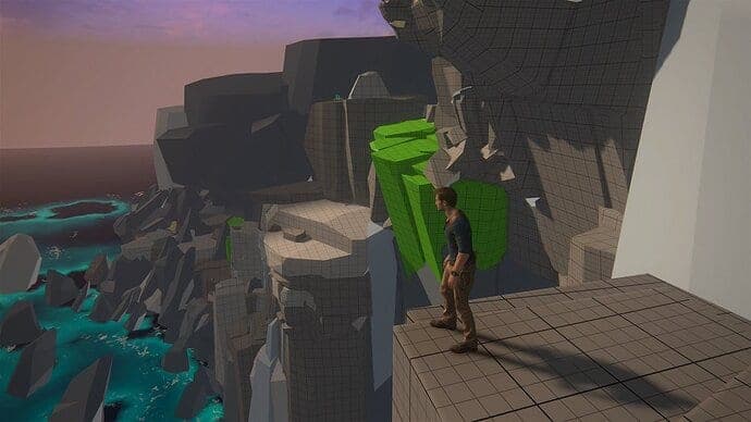 Blockout de un acantilado gris con una superficie marcada en verde brillante donde el personaje puede trepar.