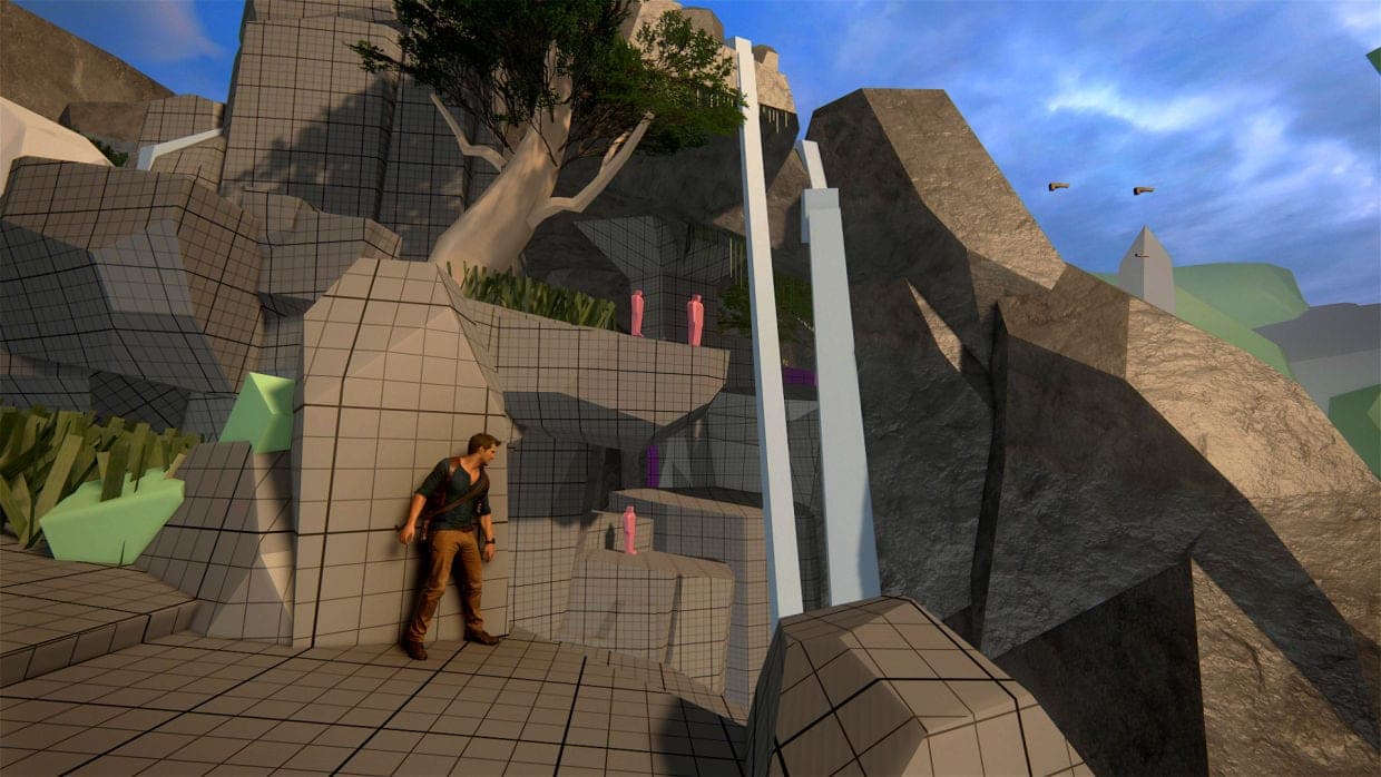 Blockout de un escenario rocoso con el personaje jugable ya integrado y siluetas rosas marcando enemigos.
