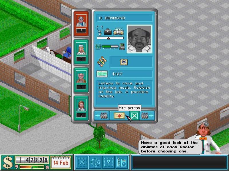 Gameplay de Theme Hospital con salas de consulta y pacientes